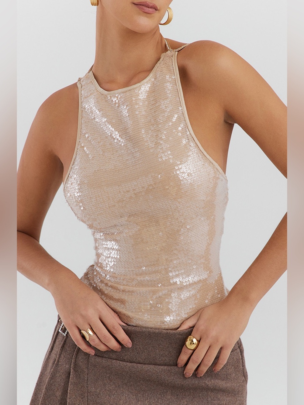 MISTRESS ROCKS SANDSTONE SEQUIN OPEN BACK HALTER TOP ✨